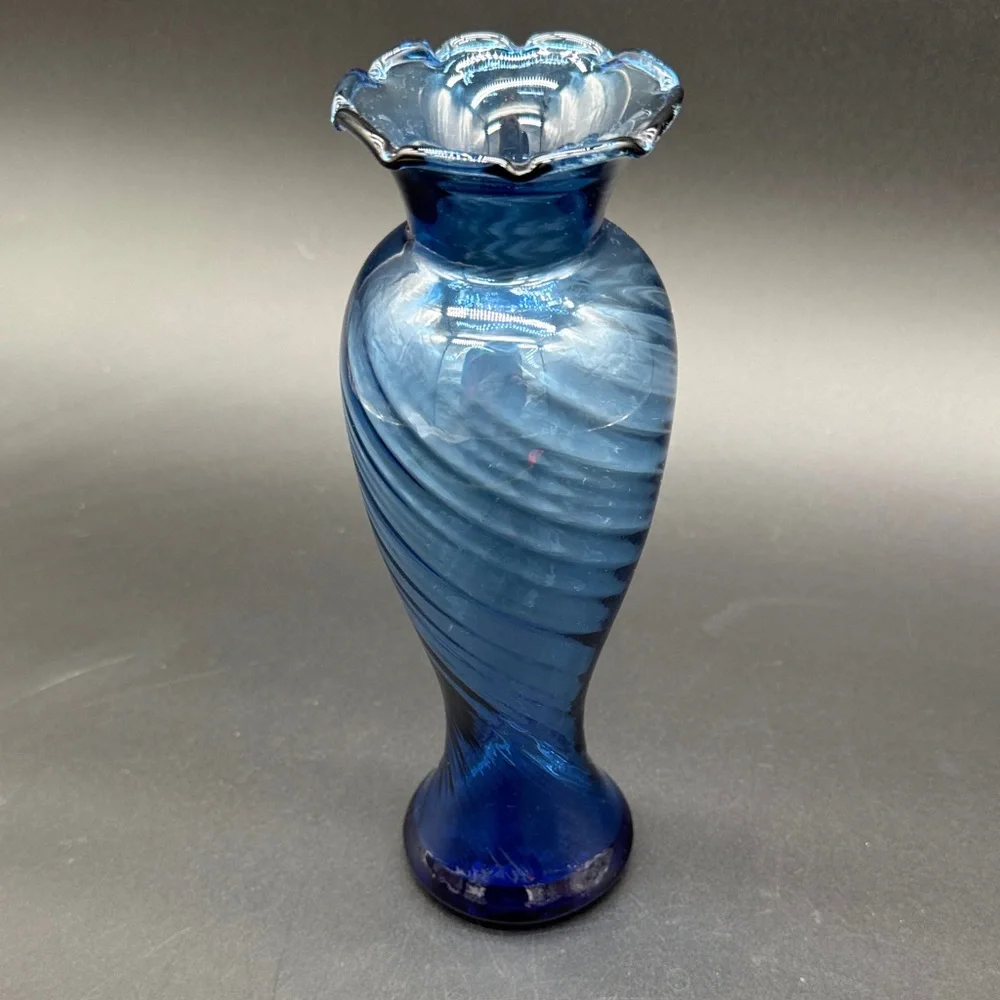 Scalloped Blue Swirl Twisted Art Glass Bud Vase